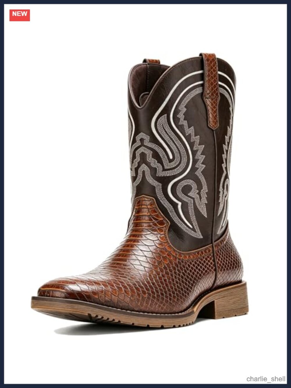 Faux Snake Skin Western Cowboy Boots Embroidery Square Toe Mid-Calf